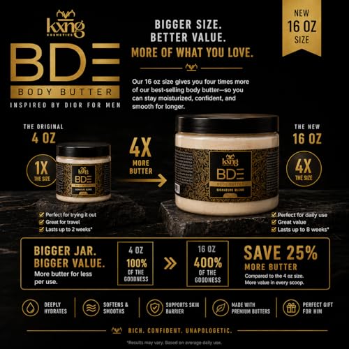 Image of KXNG Cosmetics Organic Shea Body Butter - 4oz | Luxury Body Cream for Women & Men with Shea, Cocoa, Mango & Coconut Oil | Deep Moisturizing Care for Hands, Feet & All Skin Types - BDE XXL