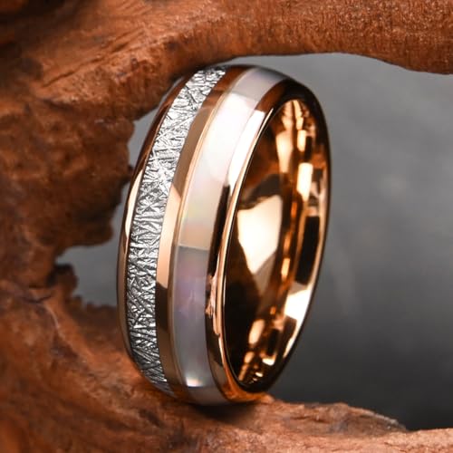 Tungsten Carbide Rings for Men Women 8mm/6mm Silver and Rose Gold Inlaid Meteorite and Shell, Men's Engagement Wedding Bands High Polished3