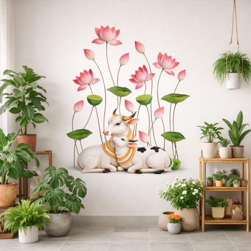 Image of Rangoli Cow Calf Lotus Wall Sticker 16 x 16 Inch Floral Spiritual Design Self Adhesive Wall Decor for Living Room Bedroom Pooja Room Traditional Wall Art