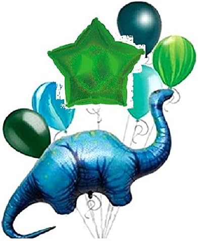 Dinosaur Blue Apatosaurus 7 Piece Blue Teal Green Swirl Birthday Party Mylar & Latex Decoration Balloons Set, Plus (1) Roll of 66' (66 Feet) of Balloon Curling Ribbon
