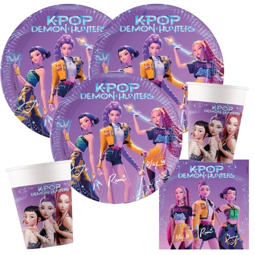 KPop Demon Hunters Kit de fête 36 pièces Assiettes en carton, gobelets en carton et serviettes pour anniversaire d'enfant