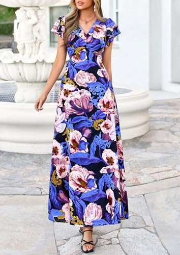 Image of PRETTYGARDEN Womens Summer Boho Floral Maxi Dress | V Neck Ruffle Sleeve Tiered A-Line Sundress, Lightweight Flowy Long Dresses for Spring Wedding Guest, Cocktail Party, Cruise