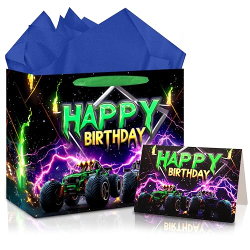 JOCOPUERTO Monster Truck Birthday Gift Bag - 13 Large Happy Birthday Gift Bag with Tissue Paper and Card for Boys Kids Truck Themed Birthday Party Supplies