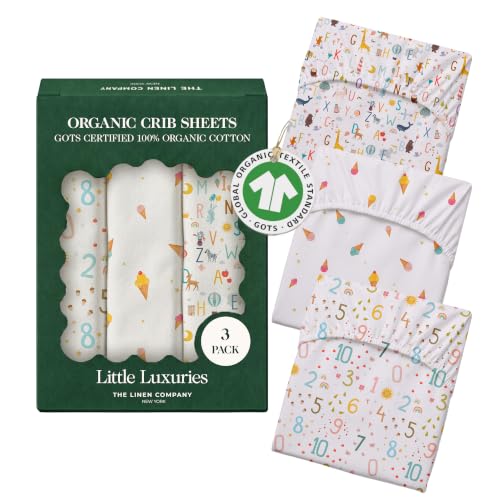 Image of 100% Organic Cotton Baby Crib Sheets (3-Pack) - GOTS Certified, Soft Fitted Sheets for Mini Mattress & Pack n Play, 5 inch Deep Pocket with Secure Elastic Fit, Boys & Girls, 28 inch x 55 inch (Little Learners)
