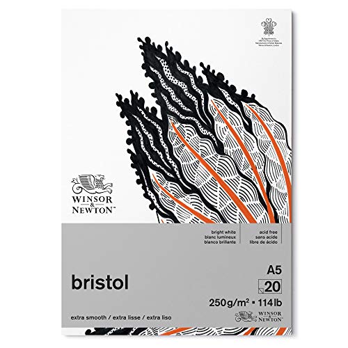 Winsor & Newton 6661544 Bristol Zeichenpapier im Block - 20 Blatt DIN A5, 250g/m², kopfgeleimt, strahlend weißes Papier für Zeichnungen mit technischen Stiften, Finelinern, Tusche, Markern, Airbrush