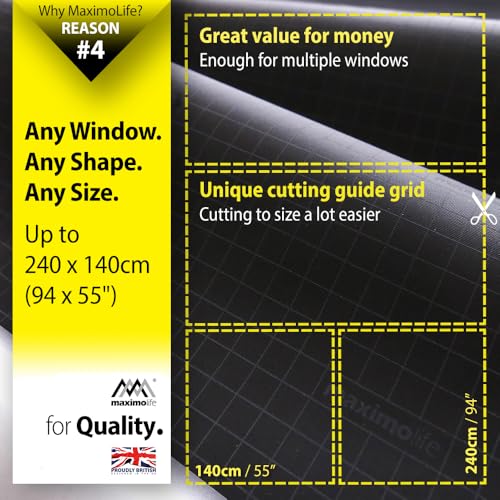 MaximoLife® Ultimate 100% Blackout Blind | Fits Any Size/Shape Window | Unique Cutting Guide Easier Cut-to-Size | Super Strong Suction Cups | Heat & Cold Resistant Hook & Loop | No Drill Stick On