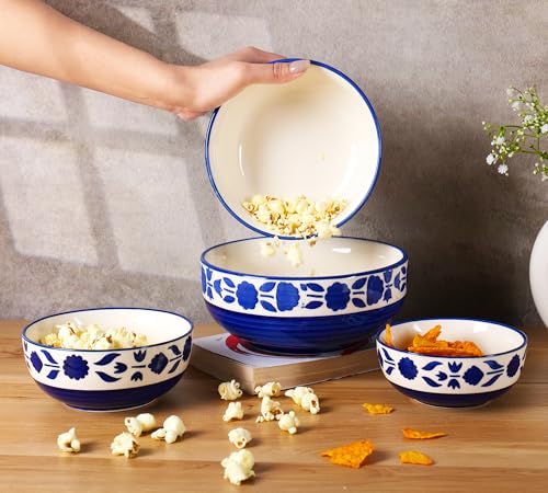Image of Niyara Stoneware Handmade Ceramic Stylish Premium Serving Bowls /Salad Tray Microwave Dishwasher Safe Set of 4 (Blue Floral Print Bowl)