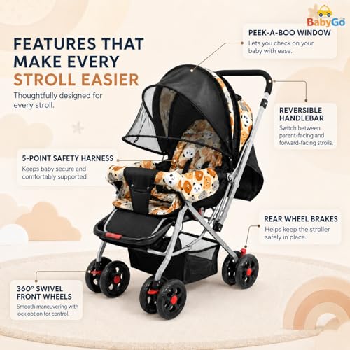 Image of BabyGo Foldable Baby Stroller for Newborn, Infant & Toddler 0-3 Years | Lightweight Travel Pushchair | Safety Harness | Adjustable Recline Backrest | 360 Swivel Wheels | Large Storage Basket | Orange