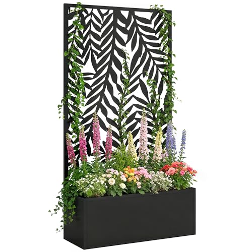 Outsunny Blumenkasten mit Sichtschutz Pflanzkasten mit Rankgitter tropischen Blattmotiven 61 x 23 x 113 cm Metall Pflanzkübel Blumenkübel Rankkasten Rankhilfe für Garten Balkon Terrasse Schwarz
