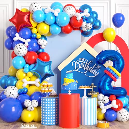 Image of 2nd Birthday Decorations for Boy, Dog Paw Second Birthday Balloons Arch with Red Blue Yellow Latex Balloons and Number 2 Balloon Star Foil Balloon for Paw Party Supplies