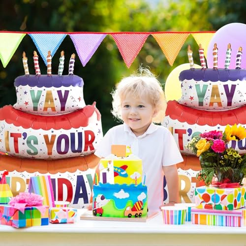 Image of 2PCS Happy Birthday Cake Foil Balloons, 40 inch Large Three-Layer Mylar Birthday Balloons, Yay Balloon for Girls Boys Kids Baby Shower Party Decorations, Multicolored
