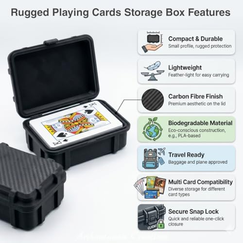 Image of Rugged Playing Card Storage Box with Snap Lock, Premium Carbon Fiber Finish, Durable Travel Case for Card Decks, Universal Compatibility - Holds upto 2 Deck (Black)