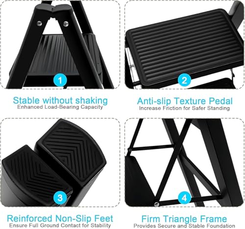 Image of Folding 3 Step Steel Step Ladder - Black Modern Style Foldable Stool with Wide Anti-Slip Pedals - Heavy-Duty Portable Step Ladder for Home, Kitchen, Garage Use (1Pcs)