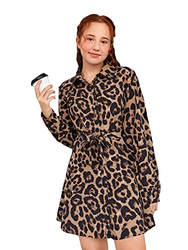 WDIRARA Girl's Leopard Print Tie Front Collared Long Sleeve Belted Button Up Shirt Dress