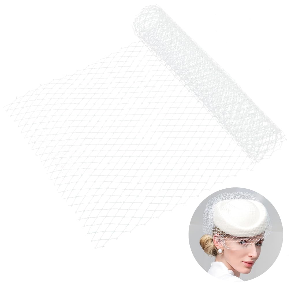 AHANDMAKER 1.1 Yard White Bridal Veil Flapper Fascinator Mesh Veil Neting Fabrics 11 Inch Wide Millinery Netting for Bride's Headdress Veil Making, White