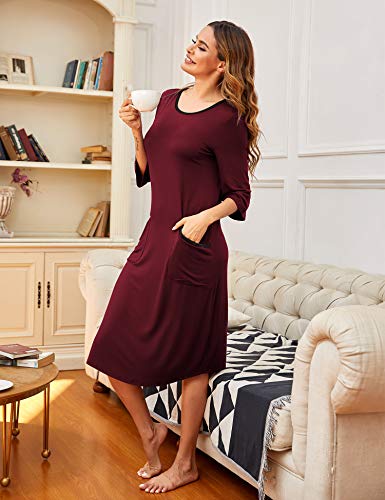 Ekouaer Sleepwear Women's Casual O Neck Nightshirt Short Sleeve Long Nightgown (Wine Red M)