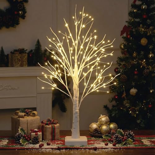AOLTNRC Lighted Trees for Indoor Decor with Timer, 144 LED 2FT White Light up Birch Tree Tabletop...