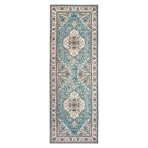 Lahome Persian Floral Medallion Runner Rug - 2X6 Hallway Bedside Turkish Throw Rug Runner Mat Soft Faux Wool Non-Slip Machine Washable Floor Carpet For Kitchen Laundry Bathroom, Sky/Baby Blue #TOP1