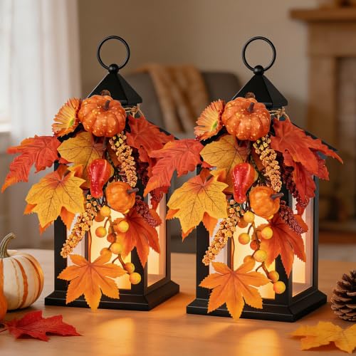 Image of Fall Lanterns Decorative Indoor & Outdoor, 14 inch Harvest Home Decor Lantern