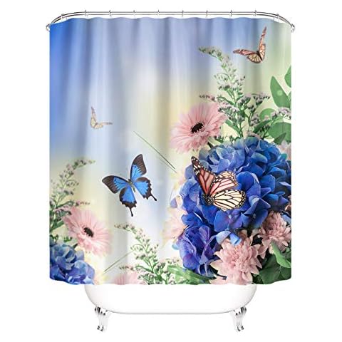 Fullfun Butterfly Shower curtain with blue flowers and green plants, Washable polyester 3D print bathroom curtains with pink floral pattern, Includes 12 hooks, 180 x 180 cm (71" x 71") Cover