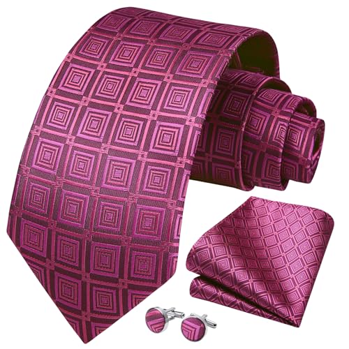 Image of HISDERN Ties for Men Stripe Plaid Tie Classic Necktie Pocket Square Cufflinks Set for Formal Wedding Business Party