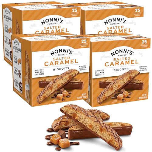 Nonni's Salted Caramel Milk Chocolate Biscotti Cookies — Individually Wrapped Italian Coffee Snack, Crunchy Twice-Baked, 90 Cal Each, 21 oz Carton, 4 Pack