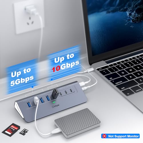 Image of Powered USB Hub 10Gbps, Intpw YH6AC Plus 10 Port USB 3.2 Hub(USB A /USB C 3.2+3 USB-A 3.0+2 PD 45W Fast Charging Port+SD /TF Card Reader), 65W Power Adapter,Aluminum USB HUB for PC,Laptop,iPhone 17 /16