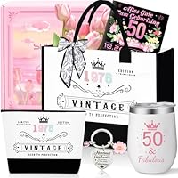 50.Geburtstag Geschenk Frau,Vintage 1976 Canvas Einkaufstasche Tragetasche Kosmetiktasche 7 Set mit Becher Strohhalm Grußkarte,50. Geburtstagsgeschenk für Mama, Freundin, Kollegin oder Schwester
