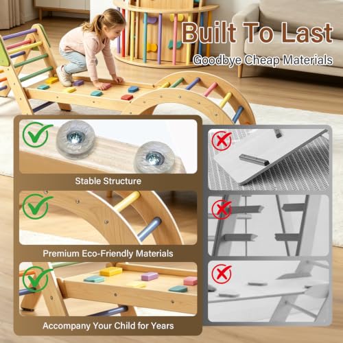 Image of Foldable Pikler Triangle Climbing Set Wooden 7 in 1 Montessori Climber Toys for Toddlers 1-3 Baby Jungle Gym Indoor Slide Playground with Ramp & Arch & Ladder Large Kids Activity Center Boy Girl Gift