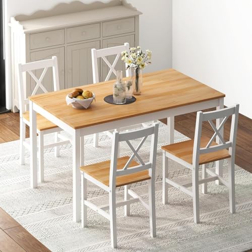 sogesfurniture 5 Pieces Small Dining Table Set for 4, Modern Simple Space Saving Dining Sets with Chairs, Easy Assembly Dining Table for Kitchen, Breakfast, Pine Wood, 42.5'', Oak&White