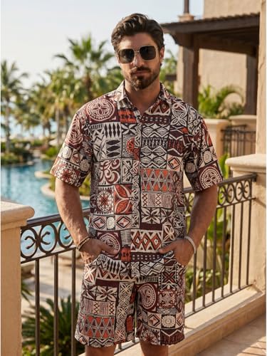 Image of BROWN CULTURE Men's Cotton Floral Print Co-ord Sets with Shirt & Shorts Collar Neck Standard Length and Button Down Closure Type | Night Suit for Men