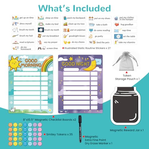 Image of Magnetic Bedtime /Morning Routine Chart &Reward Jar for Kids -Toddler Morning Checklist Board,Daily Reward Routine Chart for Kids,Dry Erase Bedtime Reward Chart,Daily Schedule Chart at Home