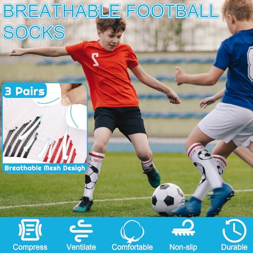 Zuimei 3 Pairs Kids Football Socks, Breathable Soccer Sock Long Football Socks Non Slip Sports Socks for Running Training Hockey Birthday Present Girls Boys Childrens
