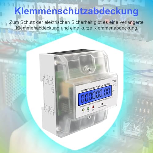 LCD Digitaler Stromzähler, Stromzähler 3-Phasen 4-Draht, Geeicht Drehstromzähler 230 / 400V, Drehstromzähler Hutschiene