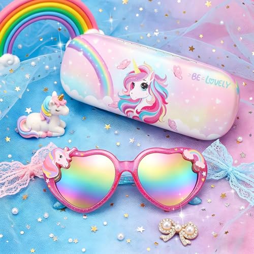 Image of Kids Sunglasses Girls Unicorn Heart Eyeglasses UV Protection Toddler Sunglasses with Sunglass Case for Party Beach