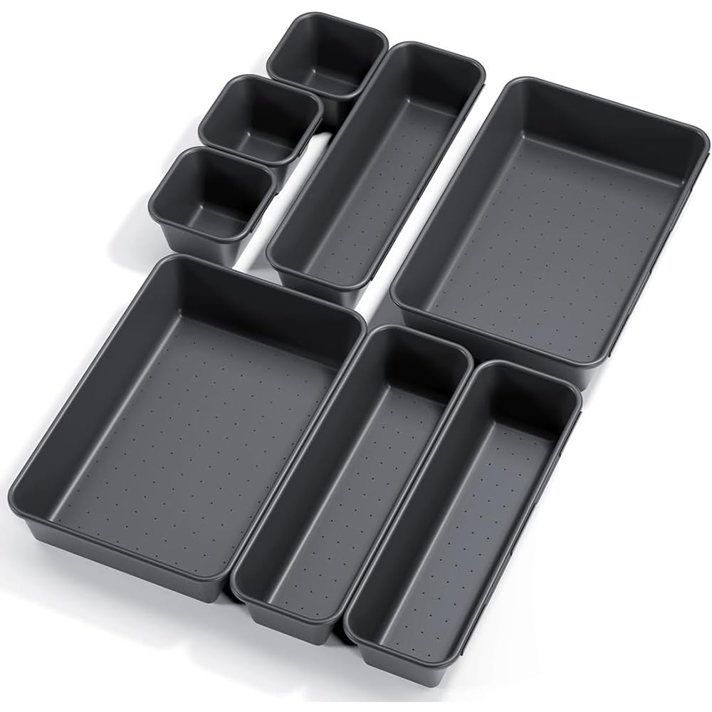 OWATRKDEY 8PCS Plastic Interlocking Drawer Organiser, 3-Size Desk Drawer Organiser Trays, Versatile Dividers for Utensils, Office Supplies, Tools & Makeup Storage