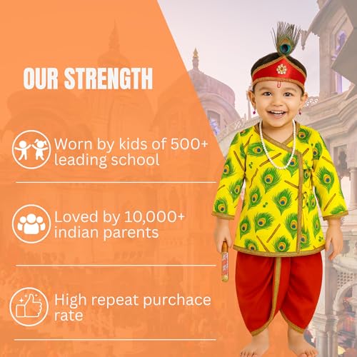 Image of Sarvda Shree Krishna Dress for Baby Boy & Radha Dress for Girls | Janamashtami Dress | Fancy Dress Costume with Accessories Dhoti, Dupatta, Mukut Flute Complete set, Ethnic wear