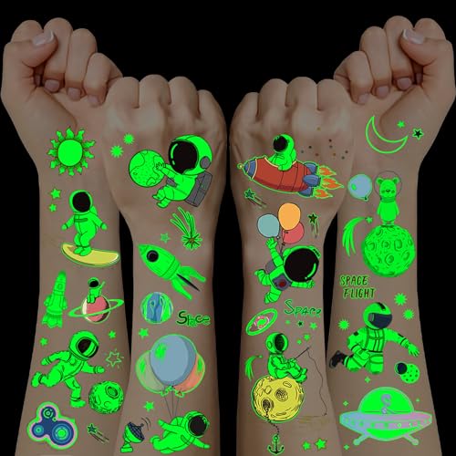 Weltraum Kinder Tattoo, 12 Blätter Leucht Tattoos Adventskalender Füllung Kinder, Kindertattoos Hautfreundlich für Weltraum Mitgebsel Kindergeburtstag Kleine Weihnachtsgeschenke für Adventskalender