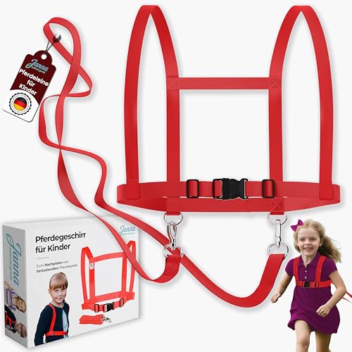 Janna natural goods Pferdegeschirr für Kinder zum Spielen von 3 bis 12 Jahre – Pferdeleine Kinder für Mädchen und Jungen – Kinder Pferdegeschirr in Rot/Blau/Pink – Pferdeleine zum Spielen für Kinder
