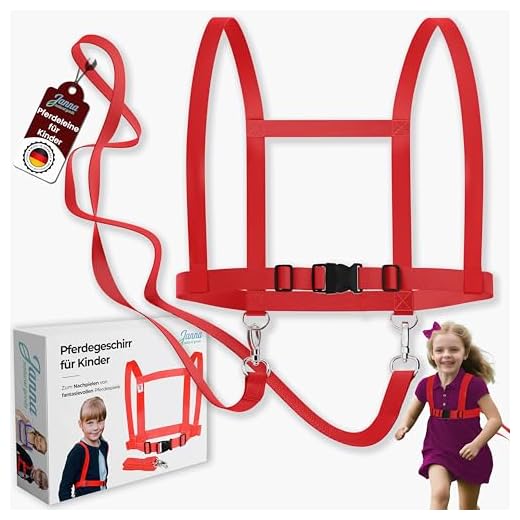 Janna natural goods Pferdegeschirr für Kinder zum Spielen von 3 bis 12 Jahre – Pferdeleine Kinder für Mädchen und Jungen – Kinder Pferdegeschirr in Rot/Blau/Pink – Pferdeleine zum Spielen für Kinder