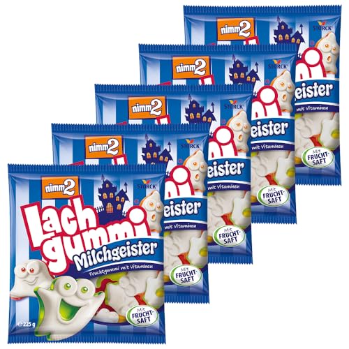 nimm2 Lachgummi Milchgeister – 5 x 225 g – Fruchtgummis mit Fruchtsaft, Vitaminen und Milch – Süßigkeit in sechs Geschmacksrichtungen