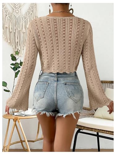 Image of Verdusa Women's Tie Front Crop Cardigan Bell Long Sleeve Scalloped Lightweight Knit Tops Summer Beach Cover Up
