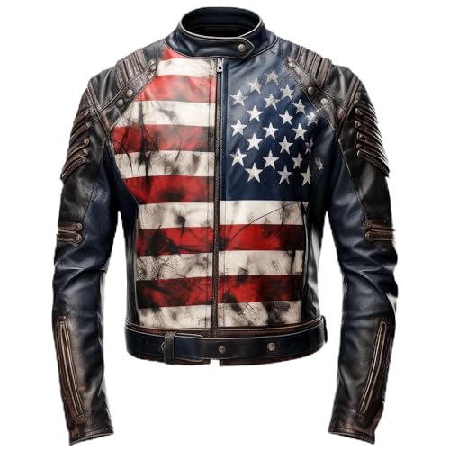 The Next Mens Distressed Inspired by American Flag USA Casual Motorcycle Zipper Coat With USA Flag Genuine Leather Jackets