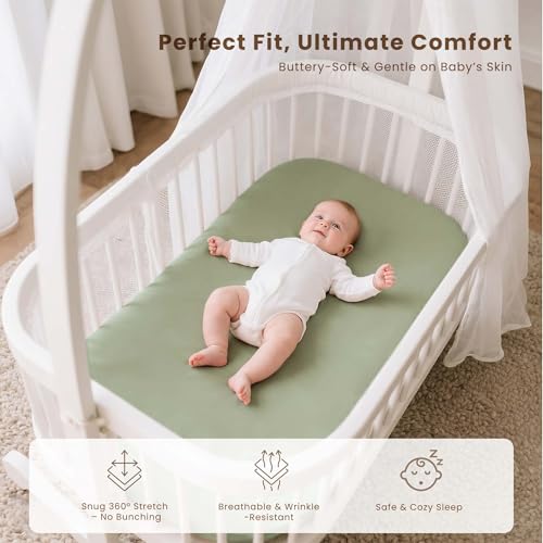 Image of Konssy 3 Pack Stretchy Bassinet Sheets for Baby Girl Boy, Soft Breathable Baby Bassinet Mattress Sheets Fit for Hourglass Oval Cradle, Moses Basket Rectangle Mattress (Green Leaves)