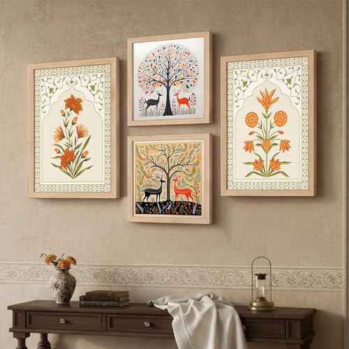 Image of NoWorries Ethnic Indian Wall Art Frame Set of 4 | Folk Art Painting Wall Decor Frames | HD Printed Wooden Frame Artwork for Living Room Bedroom Hall Office Home Decoration