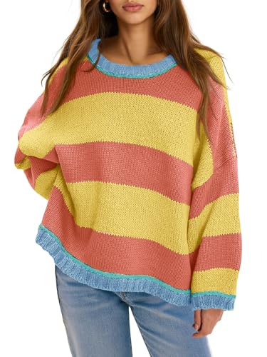 Fisoew Womens Oversized Sweaters Casual Long Sleeve Striped Color Block Crewneck Knitted Loose Fall Pullover Tops Yellow