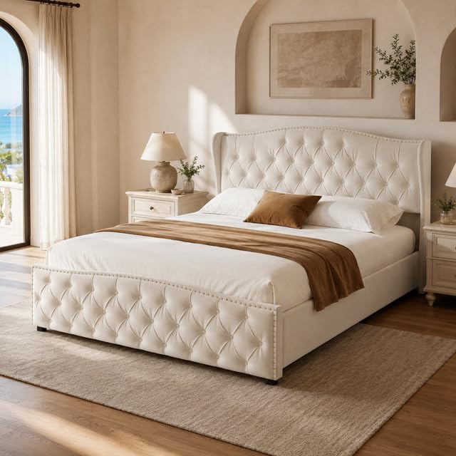 Cama 140x200 cm con canapé abatible y somier de láminas, Cama de Matrimonio tapizada, cabecero capitoné Chesterfield, Apertura hidráulica, Estructura metálica, Terciopelo Beige sin colchón