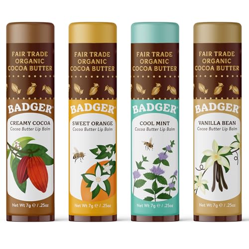 Badger Cocoa Butter Lip Balm Set, 100% Organic, Long Lasting Lip Moisturizers, Lip Care Variety Pack...