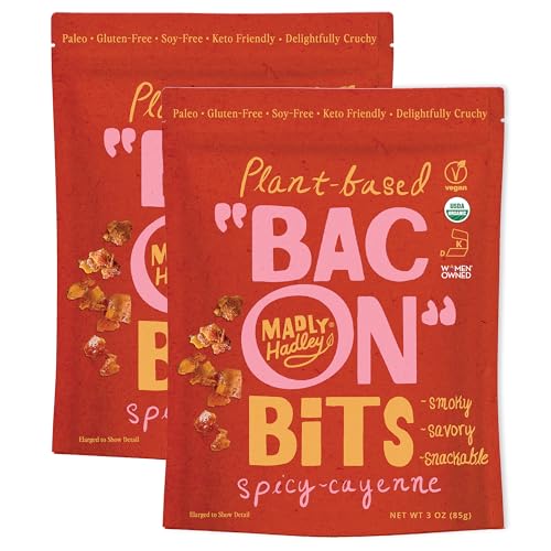 Madly Hadley Plant‑Based Bacon Bits, 2 packs - 6oz | Organic Coconut Vegan Bacon Snack | Topping for Salads, Pasta & Pizza | Gluten & Soy Free, Non-GMO, Vegetarian - Spicy Cayenne