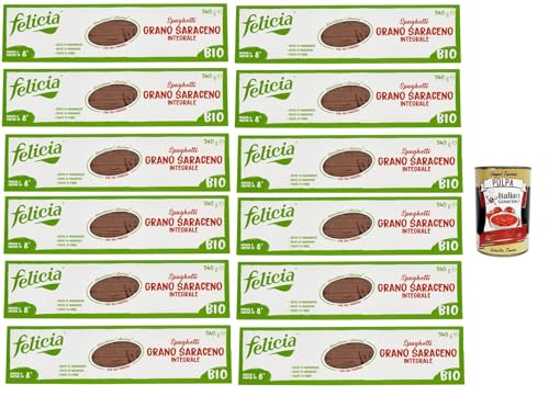 Felicia Spaghetti di Grano Saraceno Integrale,Pasta con 100% trigo sarraceno, natural sin gluten, paquete con 12 x 340 g + lata italiana gourmet Polpa di Pomodoro de 400 g